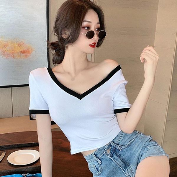 

women's t-shirt summer backless women t shirt fashion deep v-neck exposed navel short sleeve female, White