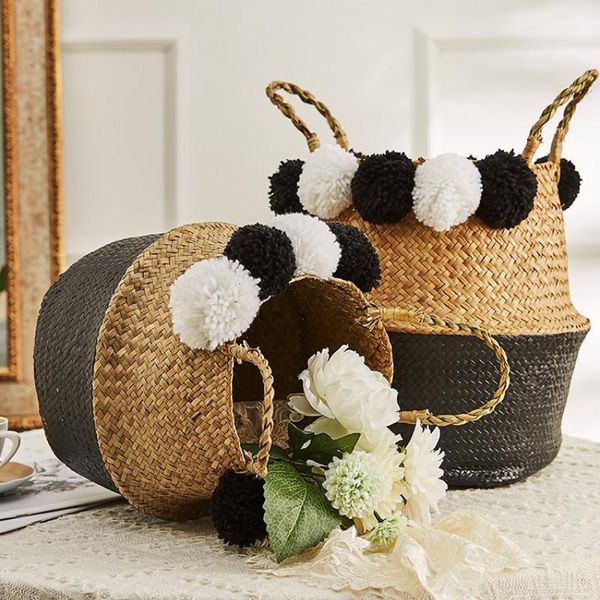 

storage baskets handmade wicker foldable laundry straw patchwork seagrass belly garden flower pot planter basket boho decor