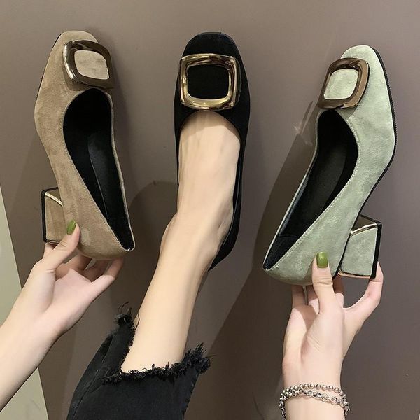 

womens shoes 2020 square high heels luxury korean fashion casual party night pumps ladies shoes woman slip on metal buckle pumps, Black