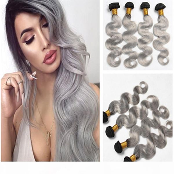 

new arrival #1b gray ombre wavy human hair bundles 9a brazilian silver grey ombre body wave hair weave weft extensions 4pcs lot, Black