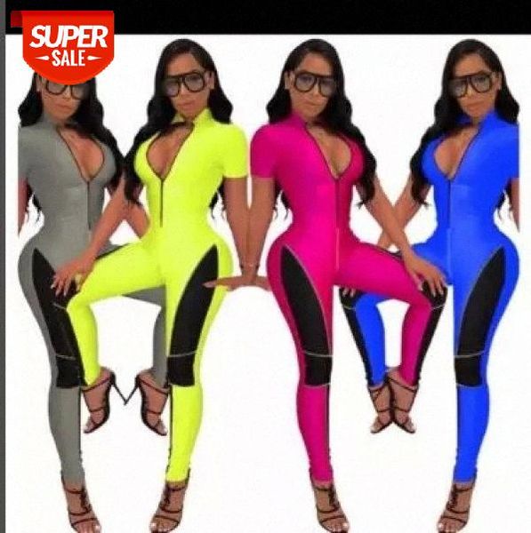 

women color patchwork athleisure jumpsuit zipper v neck short sleeve night party club rompers sporting outfits tracksuit #xp6z, Black;white