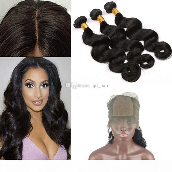 

silk base pre plucked 360 lace band frontal with hair extension body wave human hair bundles with 360 lace frontal, Black;brown