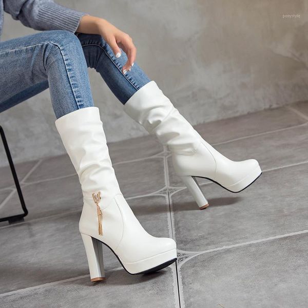 

boots yqbtdl fashion mid long riding high heel low platform pleated black white party bride wedding shoes woman footwear1