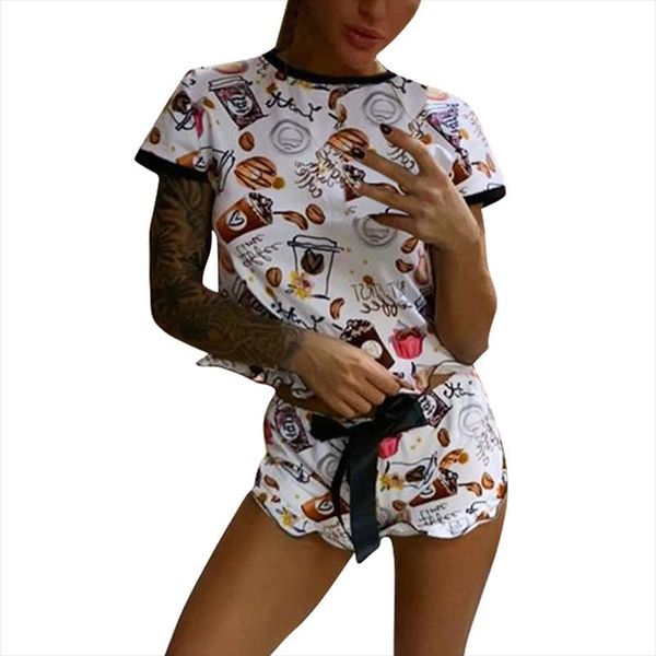

summer fashion two pieces set casual printed ruffles short sleeve and drawstring shorts women cute home tracksuit sj6097m, Gray