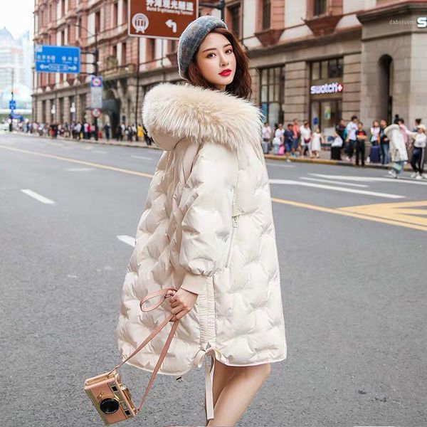 

2020 new winter women big fur collar oversize down long coat female thick warm hooded white duck down jacket parka1, Black