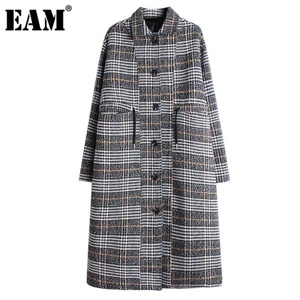 

eam] loose fit black plaid split big size long woolen coat parkas new long sleeve women fashion tide autumn winter 2020 1z749