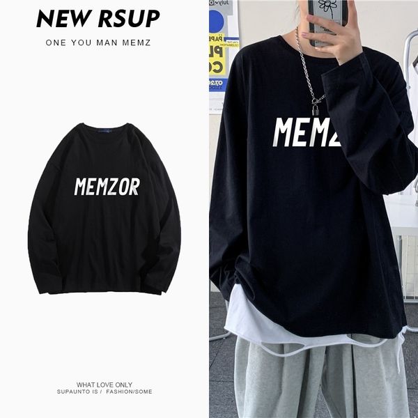 

spring and autumn new ins long sleeve printed t-shirt men's trend korean couple bf round neck bottomed out t-shirt, Black