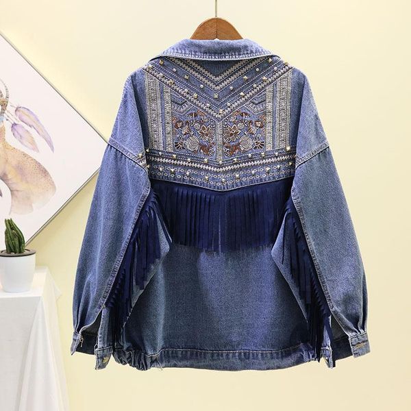 

2020 autumn new women denim jackets fashion rivet tassel jeans coat vintage embroidery overcoat outwear plus size p6051, Black;brown