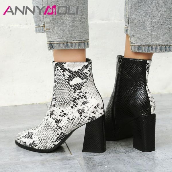 

annymoli autumn ankle boots women snake print thick heels short boots zipper extreme high heel shoes lady winter big size 33-431, Black