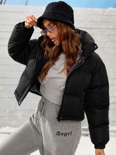 

solid zip up puffer coat l959#, Black