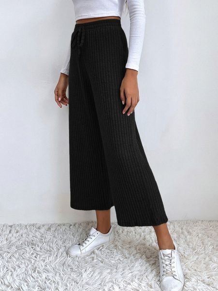 

solid knotted wide leg pants k4pu#, Black;white