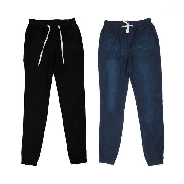 

women's jeans 2pcs women casual jogger pants drawstring elastic waisted solid ladies denim slim leggings xxxl - black & dark1, Blue