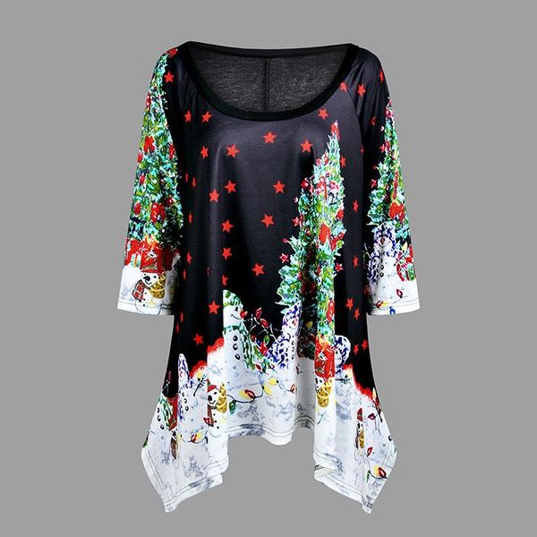 

large size christmas tree print new christmas elements female round neck loose sleeve t-shirt, White