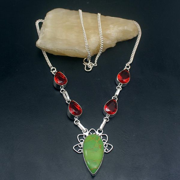 

precious natural turquoisee red garnet silver color women necklace chain 18.5 inch hd50
