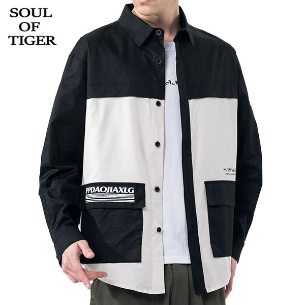 

soul of tiger 2020 spring korean fashion mens vintage shirts male patchwork clothes safari style streetwear plus size 5xl, White;black