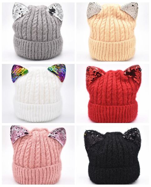 

caps & hats cat's ear toddler kids led flash chenille girl boy winter warm sequins crochet knit hat beanie children's m919, Yellow
