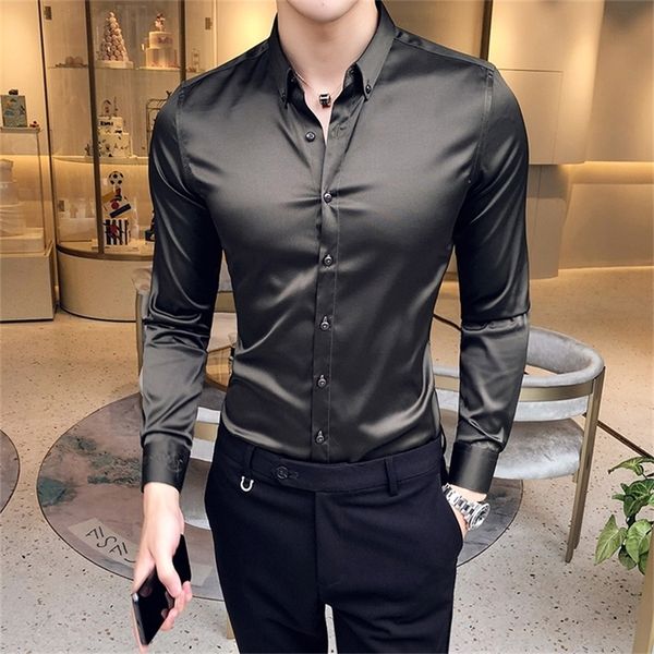 Boyun Çizgisi Nakış Erkek Gömlek Uzun Kollu Rahat Slim Fit Erkekler Elbise Katı Renk Örgün İş Sosyal Giyim Bluz 220309