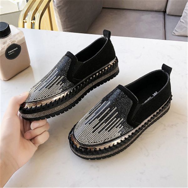 

new spring 2021 women wild strass apartments women's vulcanized glass shoes plus size 35-43 8wbi, Black