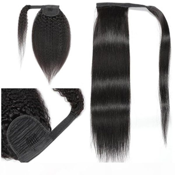 

long corn curly ponytail indian human hair pieces ribbon drawstring wavy clip on ponytail hair extensions false hair pieces, Black