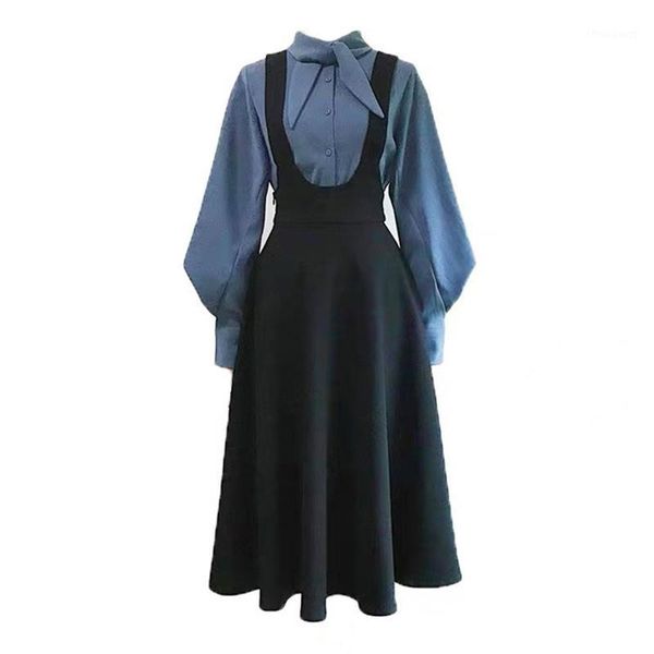 

perhaps u women vintage set black zipper strap skirt blue lantern sleeve long sleeve button shirt autumn t02371, Gray