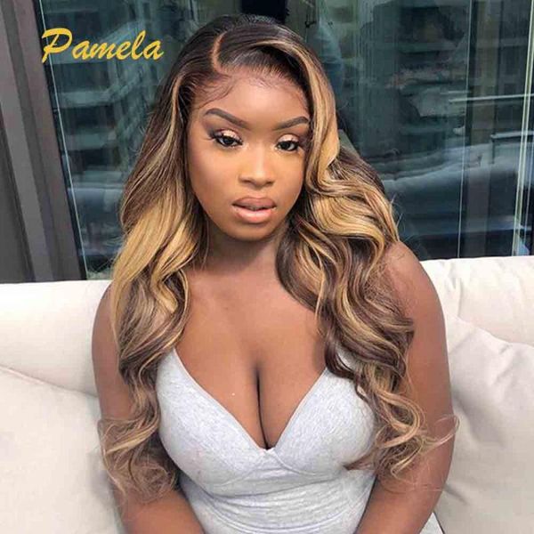 

lace wigs honey blonde front wig 150% density 13x4 frontal body wave highlight human hair 1b/27 brown, Black;brown