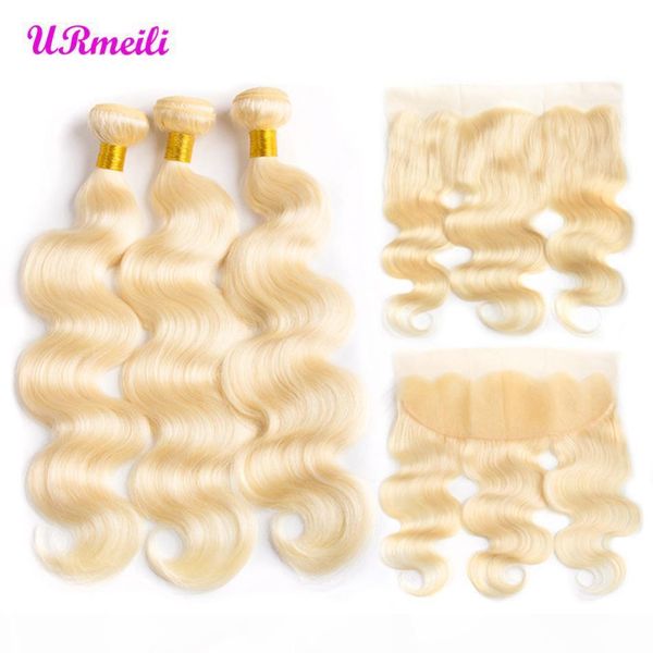 

raw virgin indian hair 613 blonde bundles with frontal pre plucked platinum blonde body wave human hair 3 bundles with frontal remy hair, Black;brown