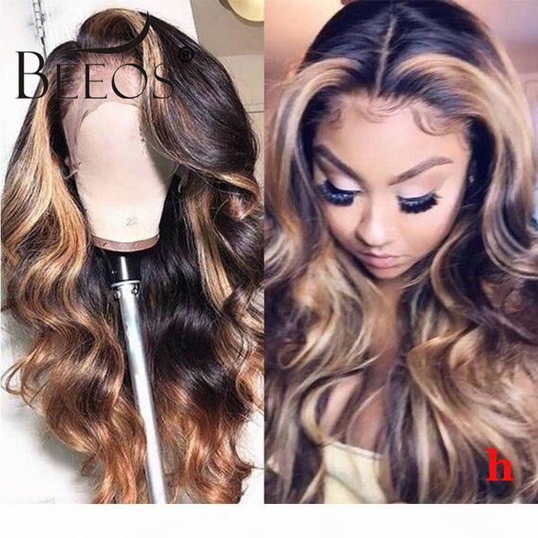 

13*4 180 % deep part lace front human hair wig body wave ombre honey blonde color human hair bleached knots peruvian remy hair, Black