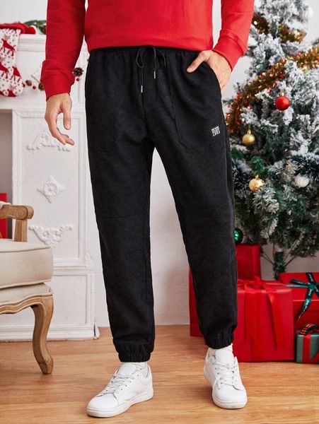 

men patched detail drawstring waist corduroy joggers u83l#, Black