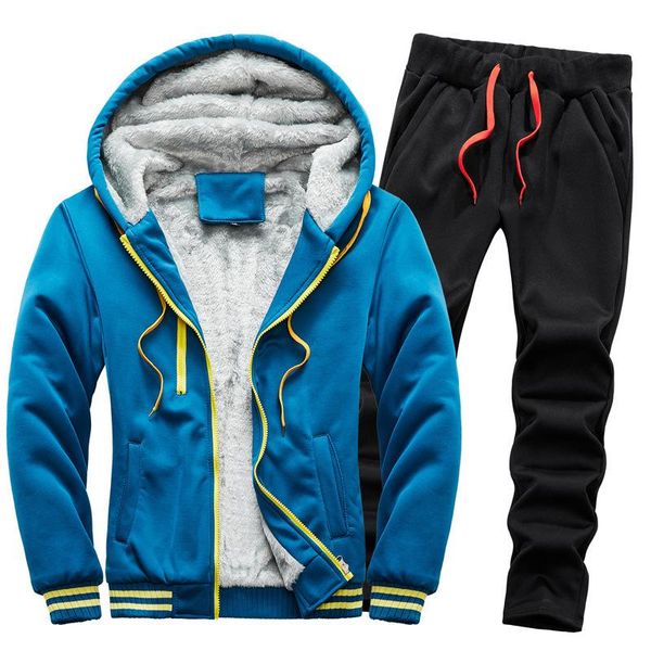 

running sets 5xl winter thickness fleece men jacket sportswear tracksuit warm jogger outfit casual workout set sport suit hoodie+pant, Black;blue