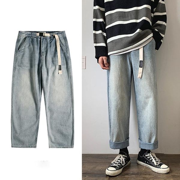 

men's jeans mens korean fashion straight blue pants men vintage harajuku belt denim streetwear