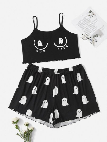 

plus halloween print letter graphic cami pj set x9ys#, Black;white