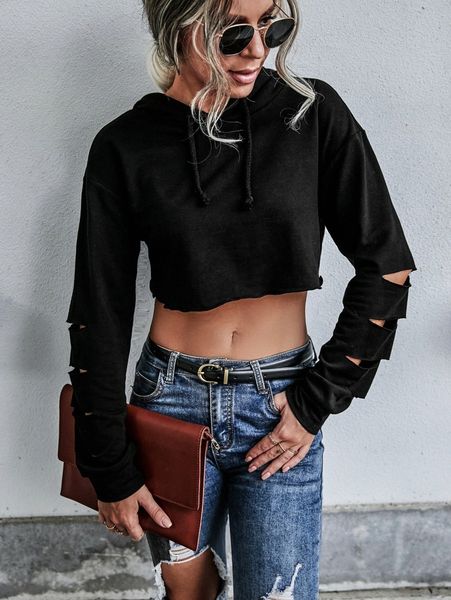 

ladder ripped drop shoulder drawstring crop hoodie n239#, White;black