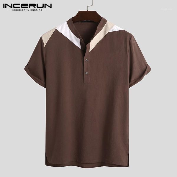 

men's casual shirts incerun summer men patchwork short sleeve o neck camisa leisure cotton comfortable blusas chic vintage blouse plus, White;black