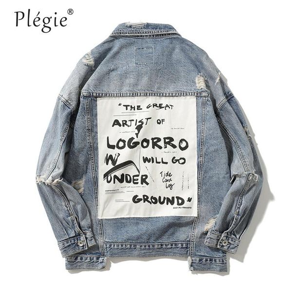 

plegie mens denim jacket distressed hip hop vintage patchwork jacket jeans 2021 letter printed ripped denim jackets streetwears, Black;brown