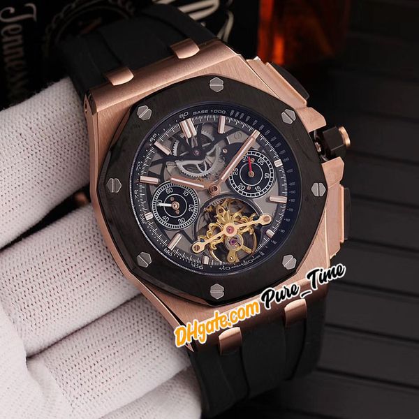 

new 44mm skeleton dial tourbillon automatic mens watch black inner rose gold two tone case rubber strap sapphire (no chronograph) gents watc, Slivery;brown