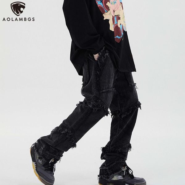 

aolamegs jeans men multi-pocket tassel distressed ripped washed denim pants vintage high street hipster jeans streetwear fashion1, Blue