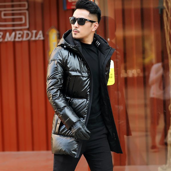 

2021 lengths meade winter clothes korean style white duck shiny surface with hood down men's jacket out stbq, Black