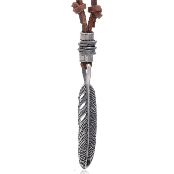 

new jewelry simple brown litchi grain cowhide necklace creative personality feather pendant, Silver