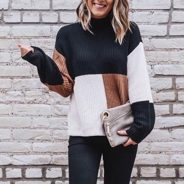 

women patchwork warm knitted sweater pullover autumn multicolor block women sweater 2021 winter thicken pullover female 1011, White;black