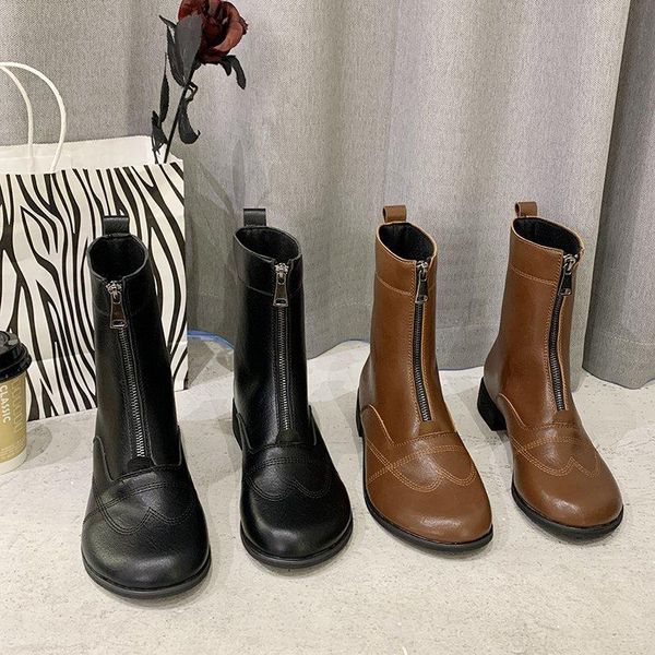 

round toe boots women new 2020 women's rubber shoes rain zipper winter footwear flat heel booties ladies low heels booties, Black