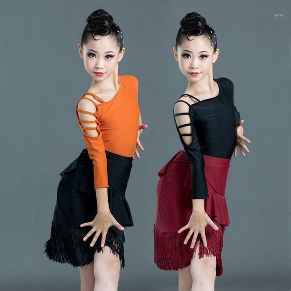 

nice quality latin dance dress for children girls dance practice clothes kids wear training outfit black tassel latin skirt 34321, Black;red