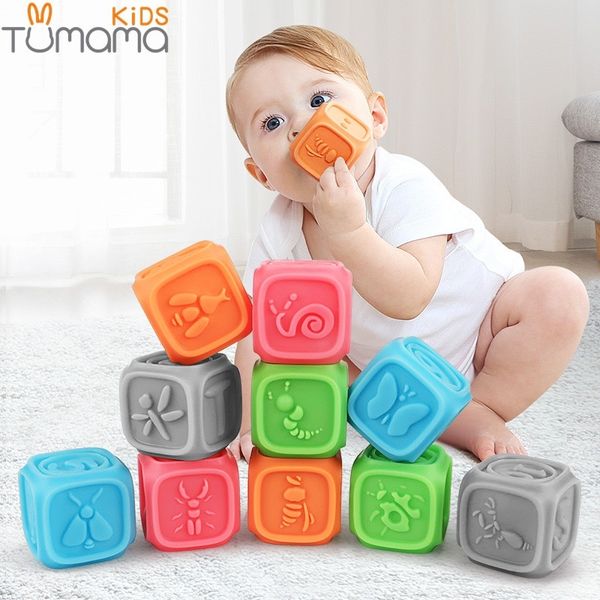 

tumama 10pcs/set baby grasp toy building blocks 3d touch hand soft balls baby massage rubber teethers squeeze toy bath ball toys y200111