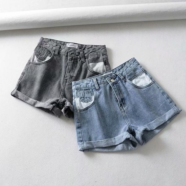 

2019 new summer fashion versatile high waist irregular white pocket curled denim shorts, Blue