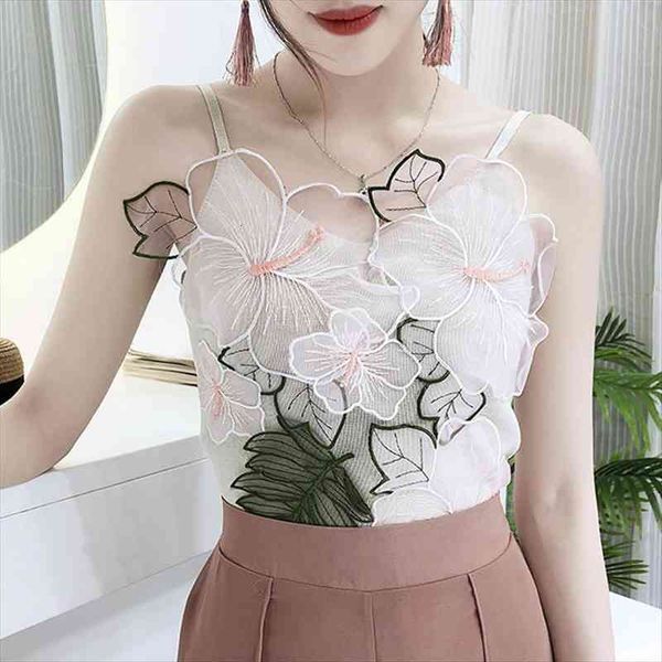 

wild 3d flower embroidery retro chic knitted vest bottoming female summer wear pink black blue white purple
