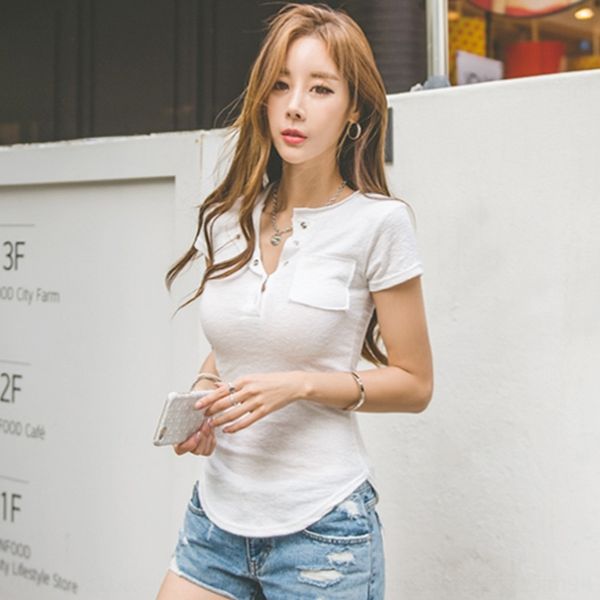 

vtulj 2020 and summer women new korean style slim solid color half-open collar women's clothing summer short-sleeved t-shirt shirt for, White