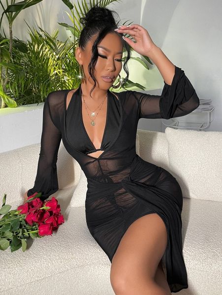 

sxy flounce sleeve knot front mesh dress & halter without panty c8eo#, White