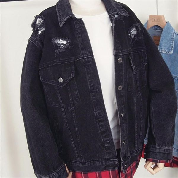 

fashion mid long stitching plaid shirt jeans jacket coat women outerwear autumn loose holes denim jackets female chaqueta mujer1, Black;brown