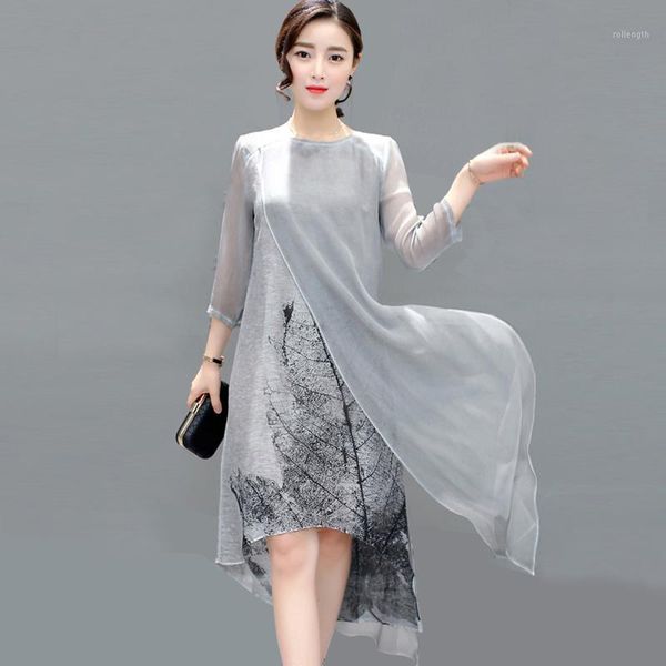 

2020 new spring summer women work wear cotton linen dresses folk art ink print casual slim dress retro long dress robe qh13501, Black;gray