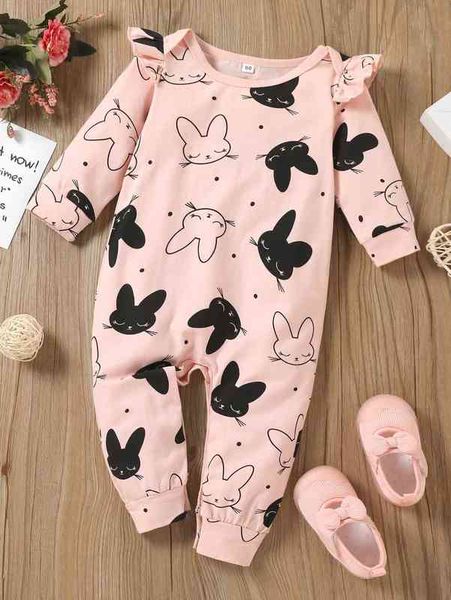 

baby polka dot & rabbit print ruffle trim jumpsuit she, Blue