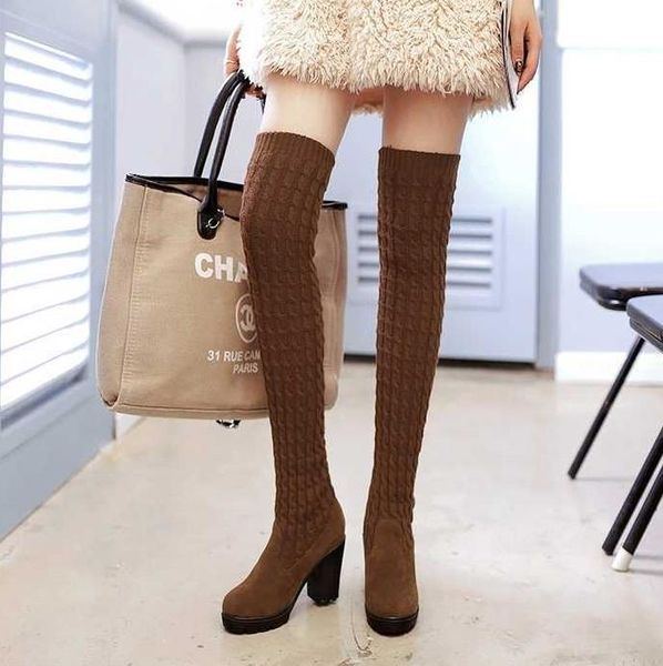 

women boots autumn/winter women over the knee boots long fashion square heels round toe elastic skinny legs ladies winter, Black